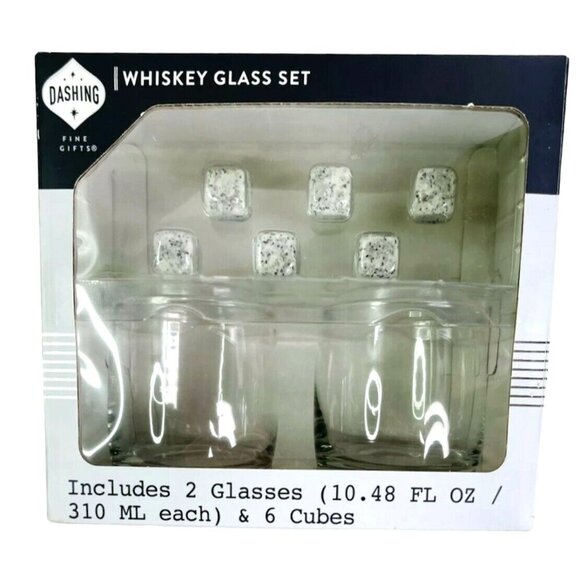 Whiskey Gift Set 2 Lowball Glasses 6 Stone "Ice" Cubes New Original Sealed Box - Picture 2 of 10